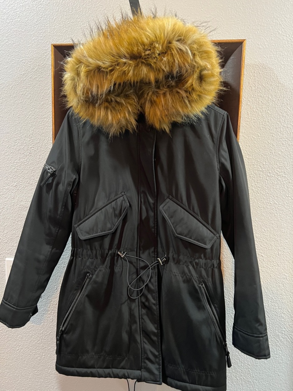 S13 NYC Sherpa Lined Faux Fur Hood Parka Puffer Coat Jacket Black Women's S/M